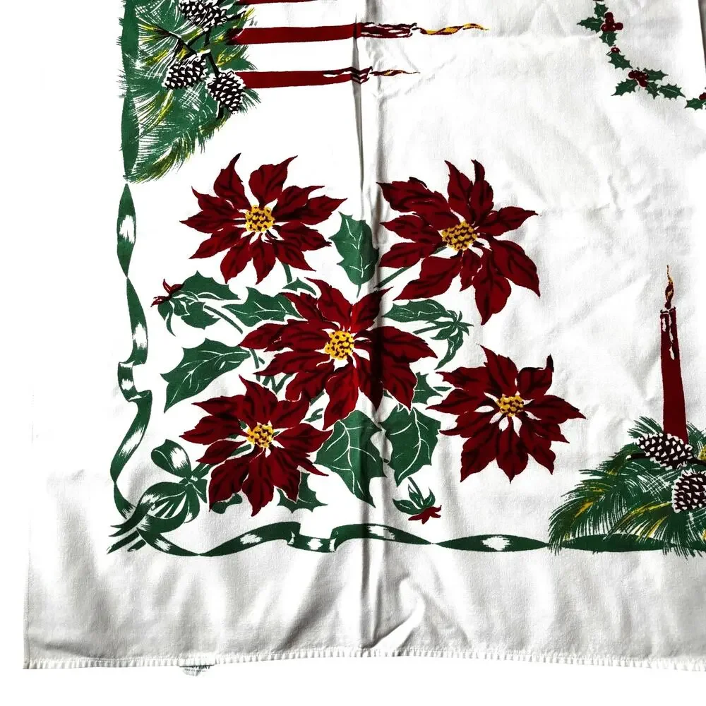 Vintage Christmas tablecloth printed cotton rectangle festive 1960's holiday